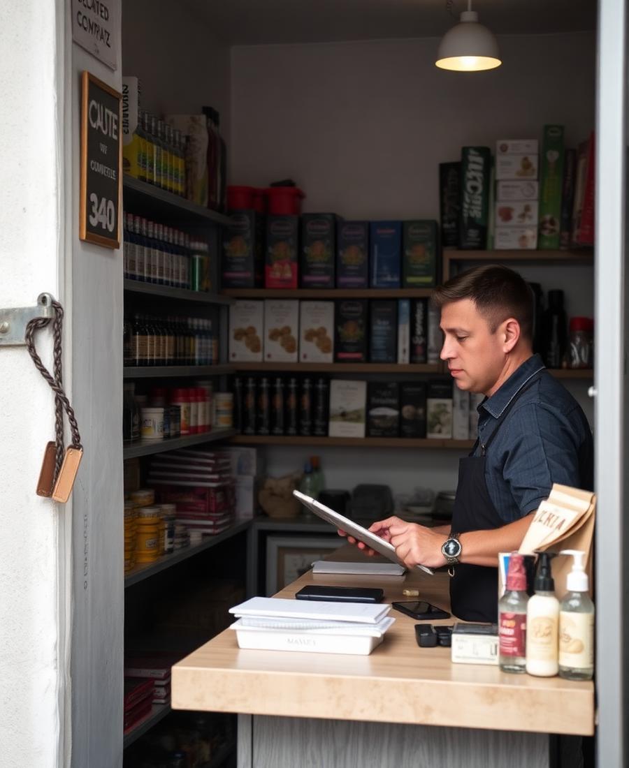 Comerciante a registar produtos numa pequena loja